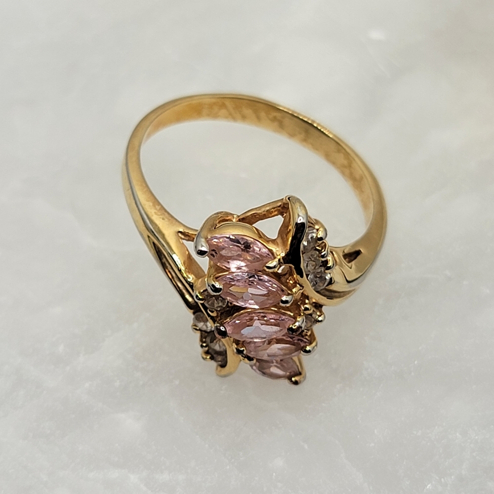 Vintage Bypass Marquise Pink Gem Simulated Diamond Gold Tone Ring - Picture 6 of 10